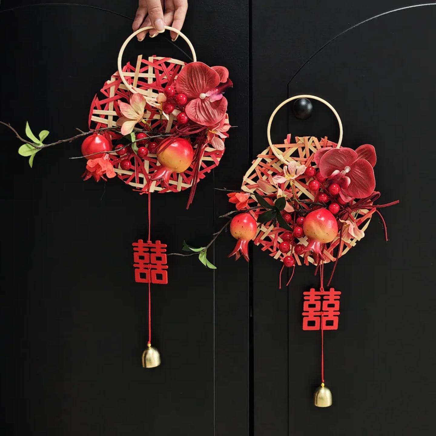 喜字花环挂件结婚布置婚房氛围入户门把手挂饰彷真花新房装饰门挂