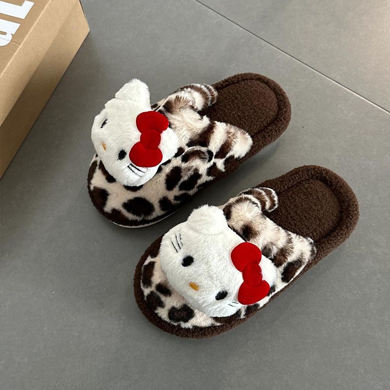 HelloKitty豹纹棉拖鞋女学生包头外穿秋冬保暖毛茸居家防滑耐磨