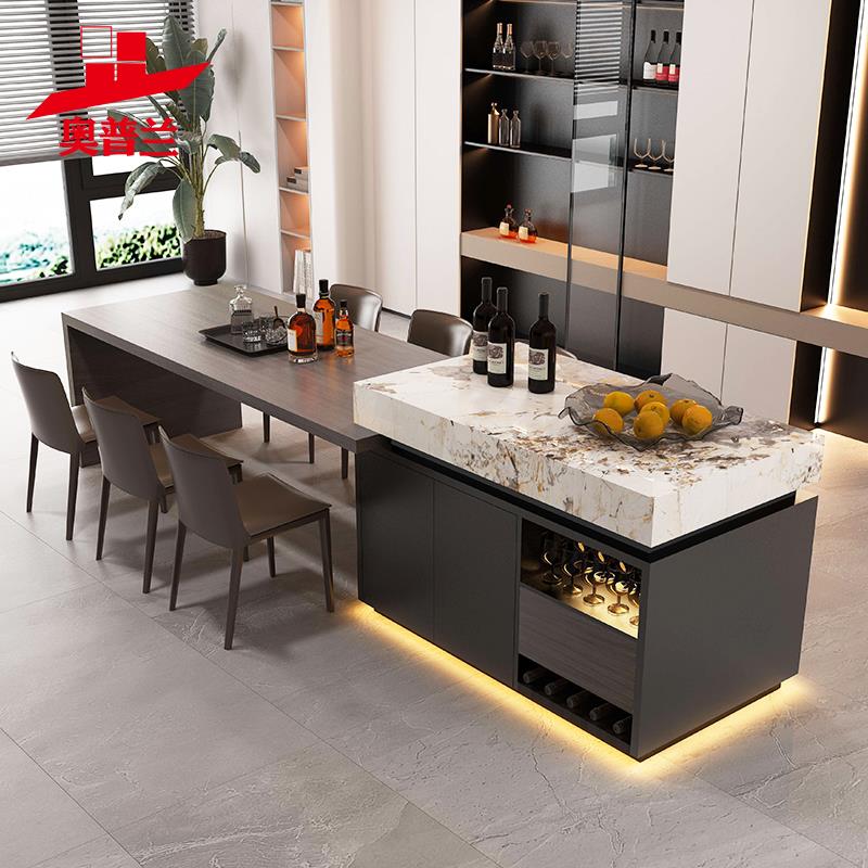 轻奢木纹抗菌岩板岛台 可伸缩家用中岛餐桌 支援插座功能吧台定制