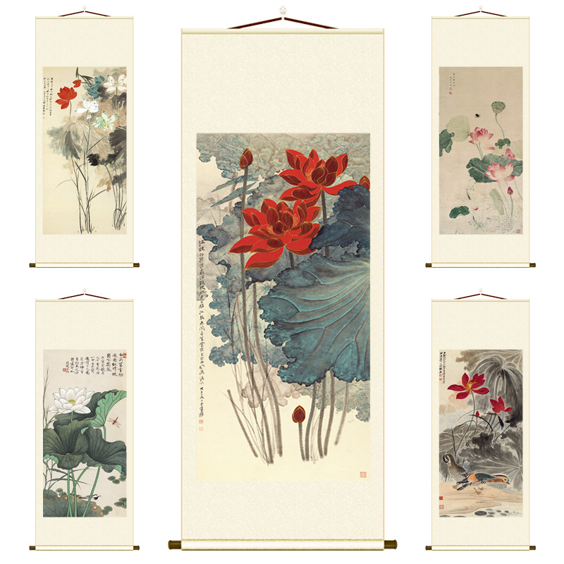 张大千荷花图客厅玄关新中式装饰挂画复古画高清微喷复刻竖轴壁画图片