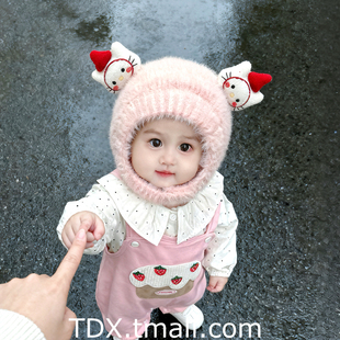 婴儿帽子秋冬季可爱立体小猫男女童保暖毛绒帽加厚防风宝宝护耳帽