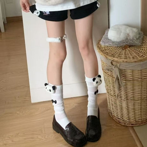 女袜熊猫夏季薄款白色透气百搭小腿袜泡泡袜防臭日系可爱JK袜r