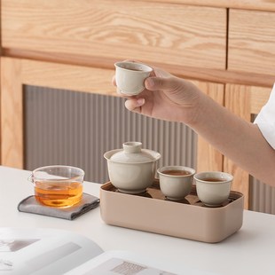 旅行茶具茶盘小套装 玻璃便携式 户外露营快客杯陶瓷盖碗公道杯定制