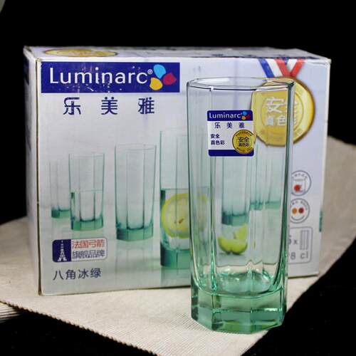 6祇装乐美雅冰绿色八角玻璃杯凉爽茶杯家用水杯彩杯果汁杯280ml