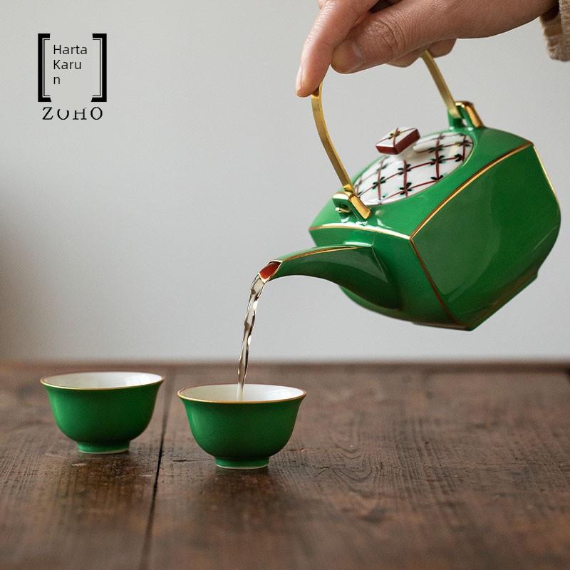 同合日本进口藏珍窑描金绿釉提梁茶壶日式陶瓷过滤泡茶壶功夫茶具