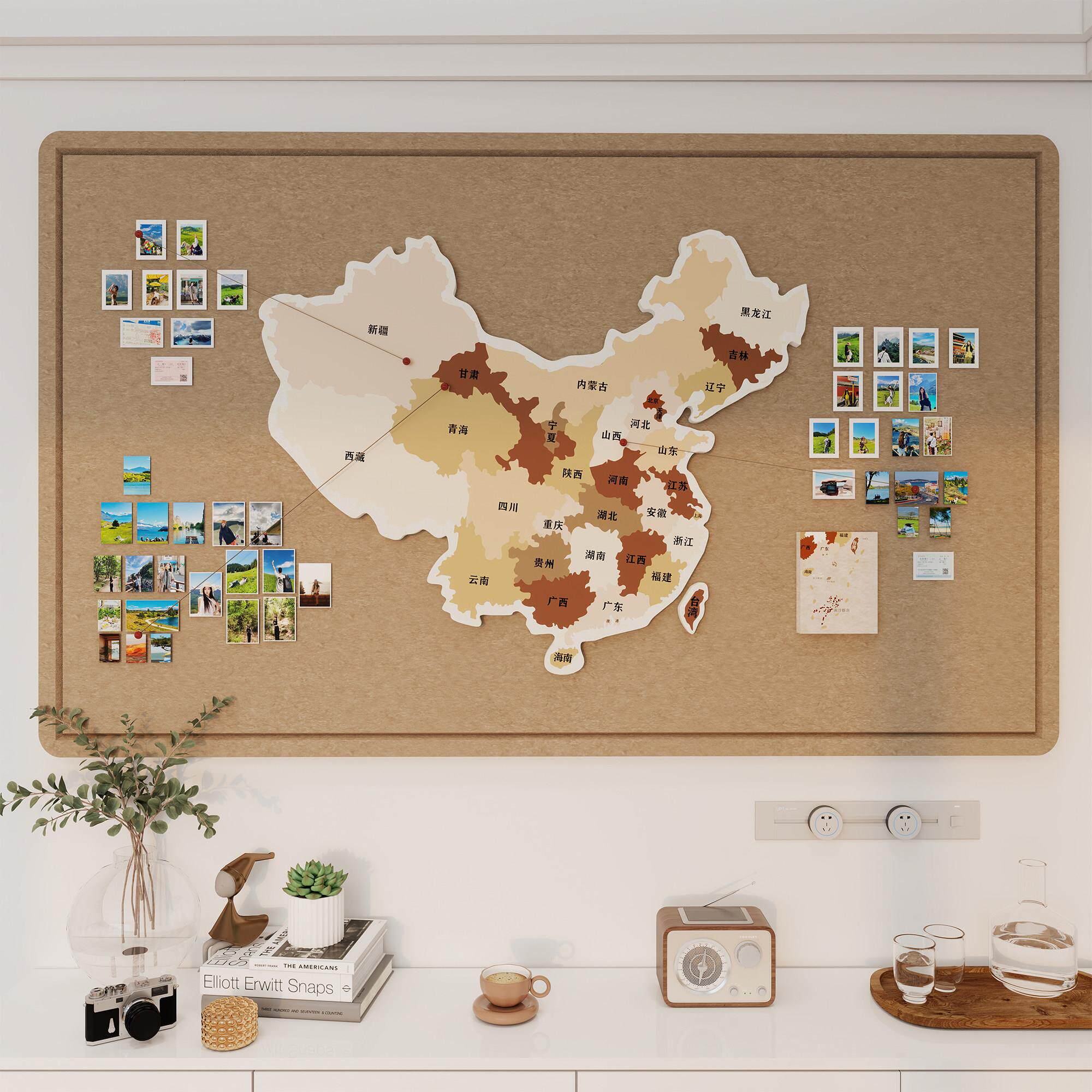 复古风毛毡照片墙3d立体地图墙贴客厅装饰画中国旅行足迹打卡墙贴