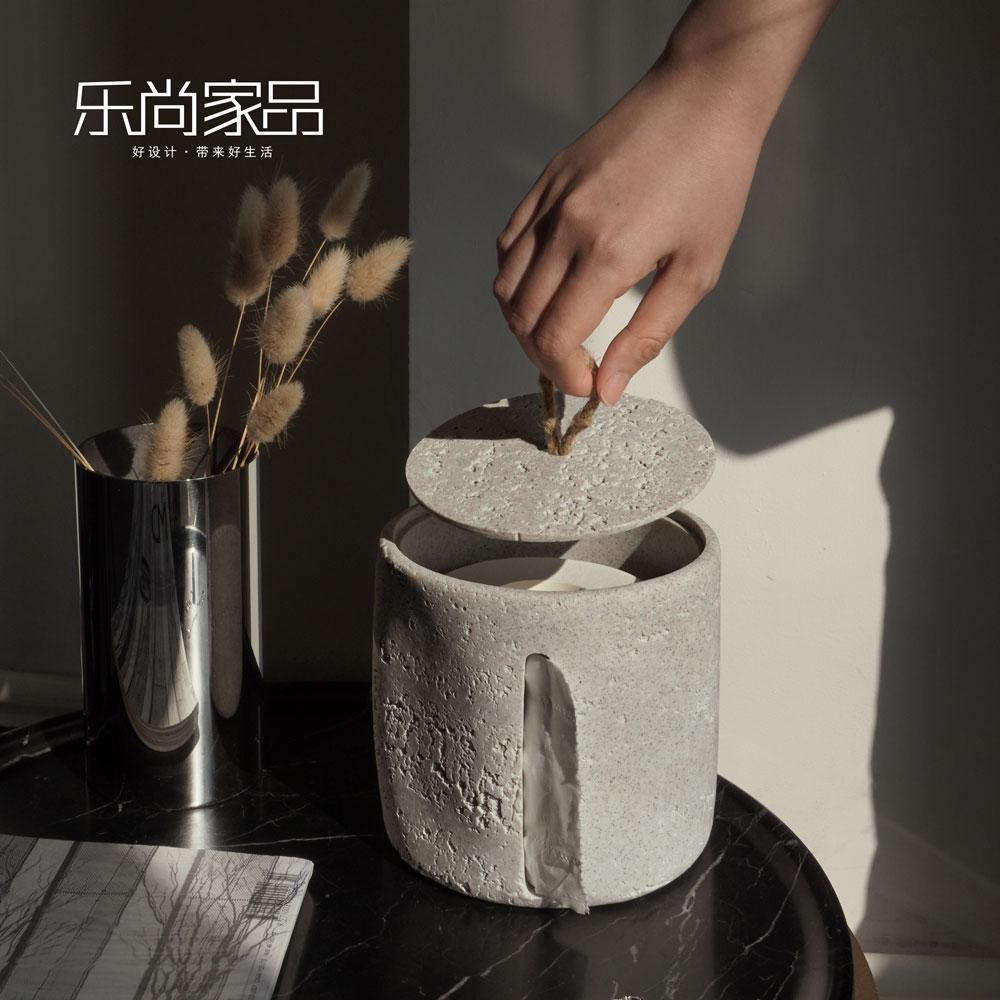 侘寂风洞石创意纸巾盒卧室客厅卫生间可侧拉收纳圆形卷纸筒抽纸盒