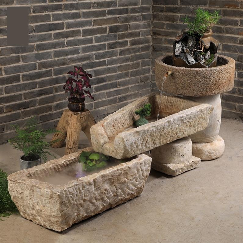 户外阳台室内种花养鱼老旧石槽庭院造景流水景观石槽鱼缸牛槽马槽