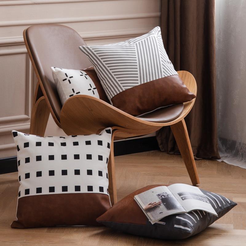 现代轻奢沙发抱枕靠垫客厅简约皮革帆布拼接靠枕抱枕套腰靠不含芯