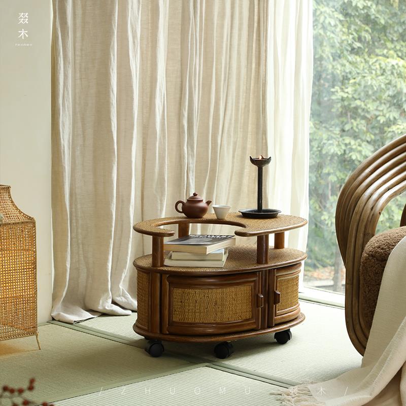叕木|东南亚藤艺/覆古风藤编推车可移动边几角几茶室休闲储物茶几