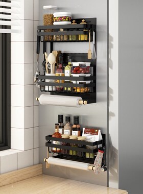 黑色磁吸冰箱置物架侧收纳微波炉侧面厨房保鲜膜壁挂式调料架子2