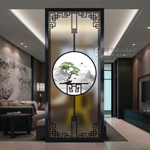 新中式艺术玻璃屏风客厅隔断入户玄关钢化磨砂双面透光迎客松花格