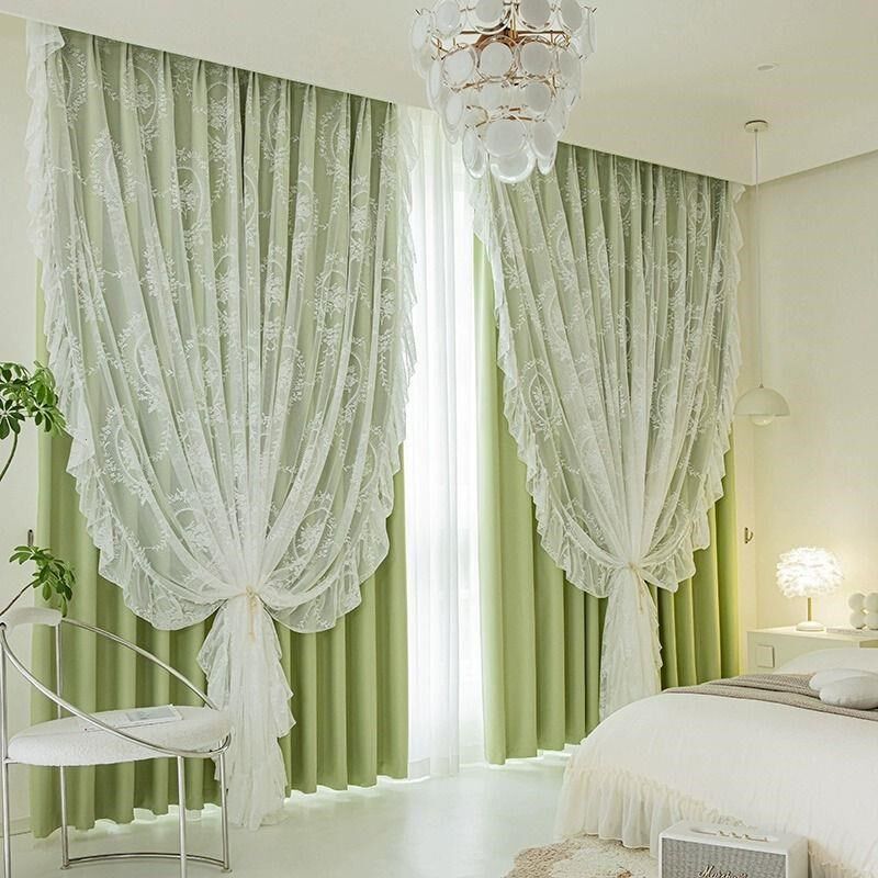 网红新款公主风双层布纱一体高遮光法式蕾丝花边窗帘客厅卧室帘