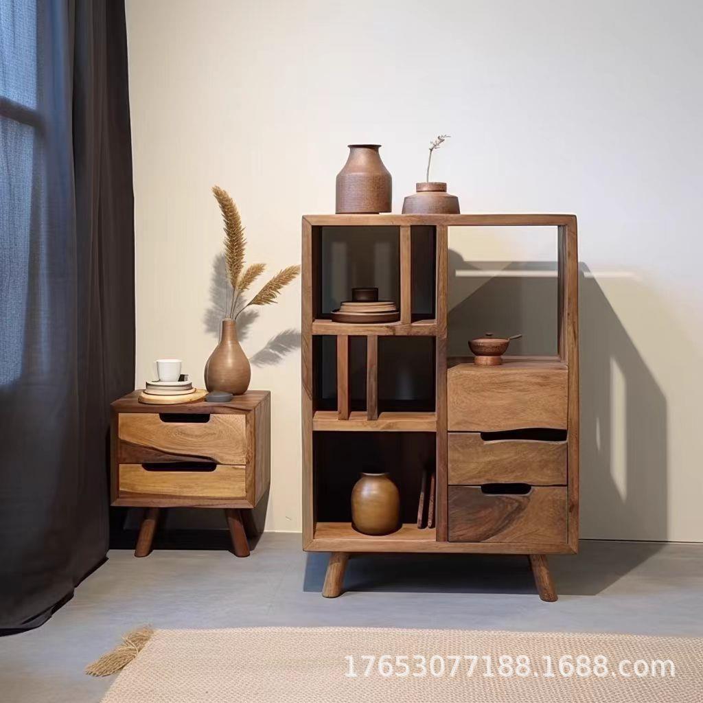新中式实木书柜组合 置物架客厅老榆木收纳柜落地多层展示架