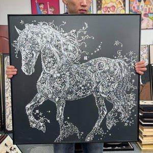 手工现代法式黑白轻奢骏马镶钻高级感客厅饭厅挂画V010装饰画8080
