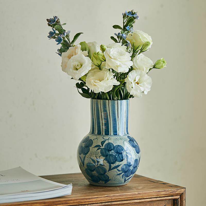 景德镇复古粗陶手绘文艺青花花瓶中式水培插鲜花不漏水器皿摆件
