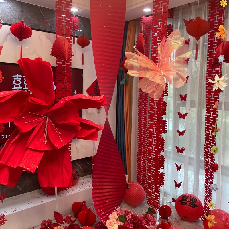 婚房布置女方卧室晨袍背景拍照套装男方客厅窗帘高级场景婚礼装饰