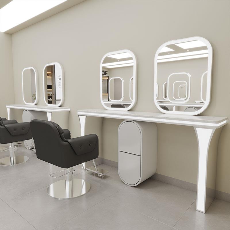 网红理发店镜台烫染镜子发廊专用美发壁挂柜子一体方形led灯镜台