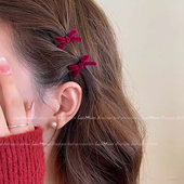 新年红色丝绒蝴蝶结珍珠刘海夹高级感侧马尾编发夹女秋冬鸭嘴夹子