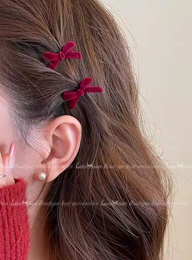 新年红色丝绒蝴蝶结珍珠刘海夹高级感侧马尾编发夹女秋冬鸭嘴夹子