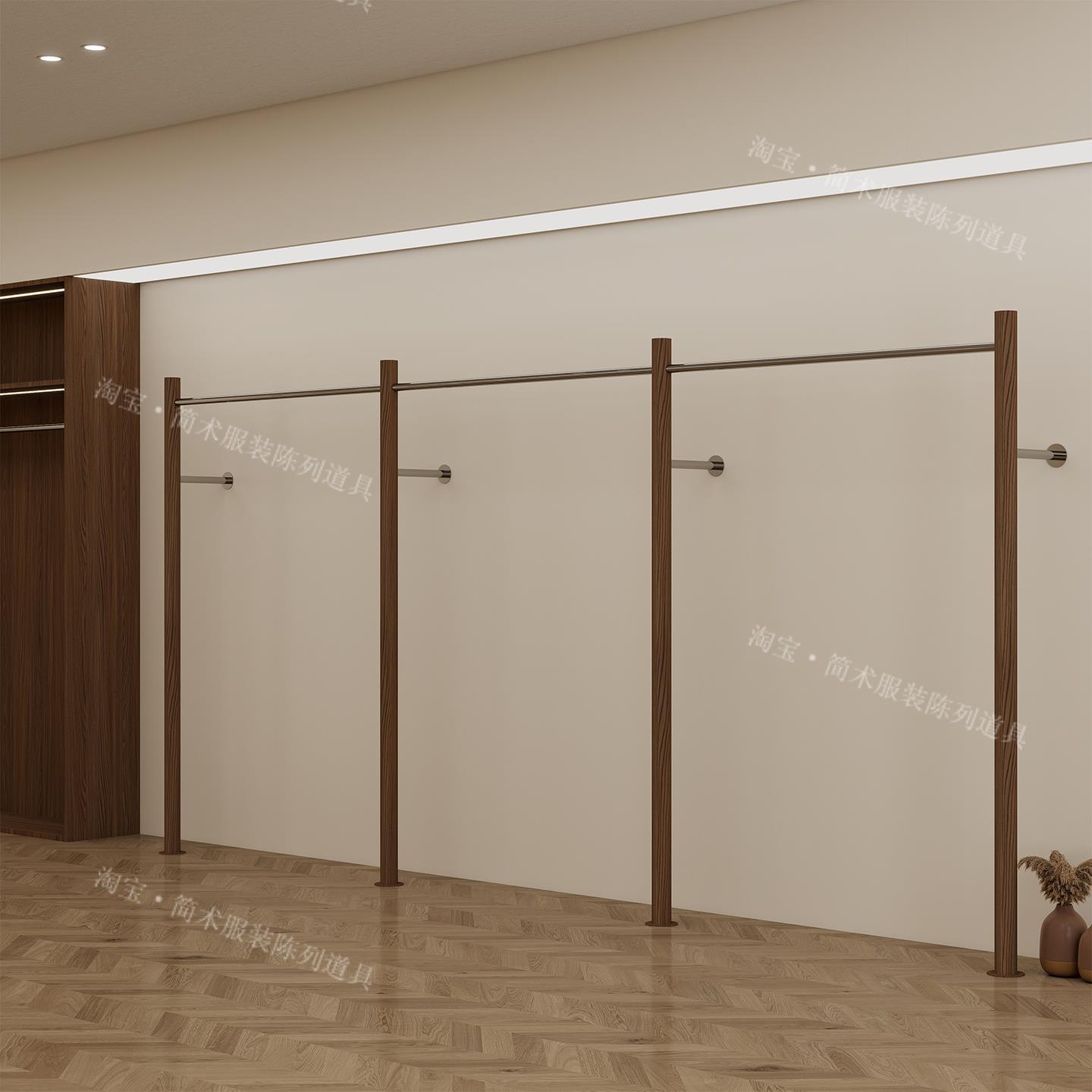 服装店展示架不锈钢彷胡桃木上墙挂衣架女装童装店落地式陈列货架