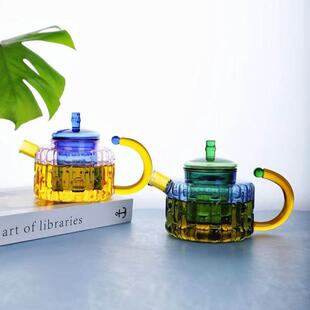撞色侧玻璃把茶壶可电陶炉加热蒸煮一体家用黄把高硼硅玻璃泡茶壶