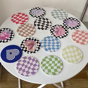 ins风棋盘格爱心设计陶瓷软木杯垫家用餐桌隔热垫吸水马克杯垫