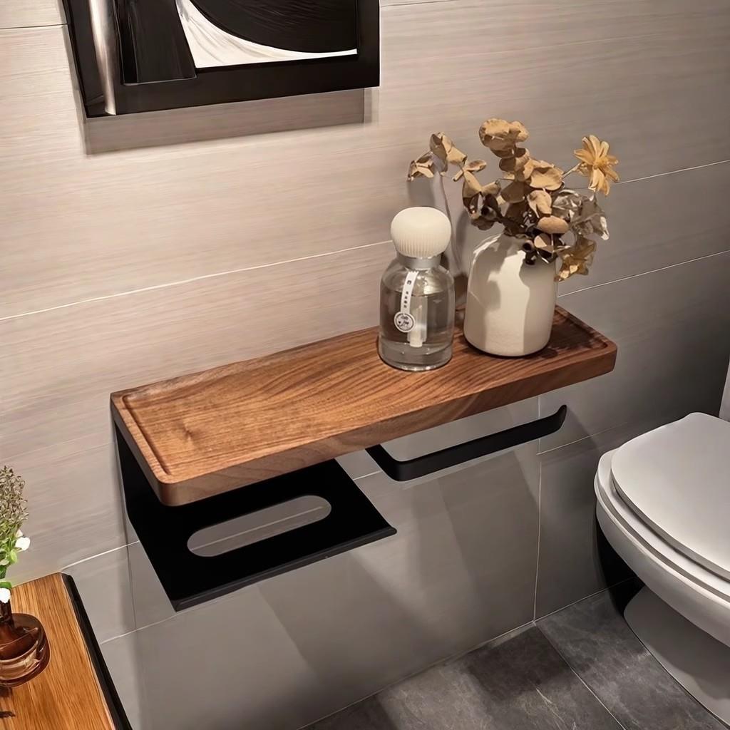 卫生间墙上实木置物架纸巾免打孔盒挂墙卷纸架浴室墙壁挂式手纸架