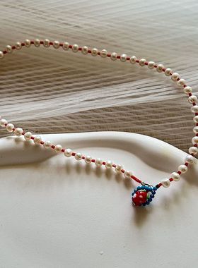 童趣红色草莓串珠天然淡水珍珠项链设计感小众ins锁骨链女