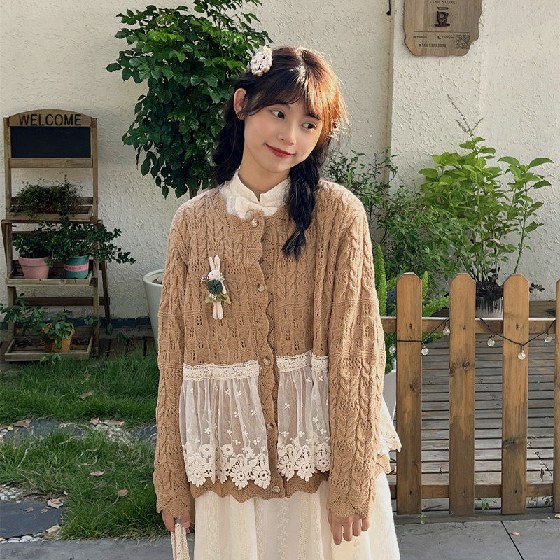 森系复古镂空麻花编m织针织开衫毛衣少女蕾丝花边拼接减龄秋冬外