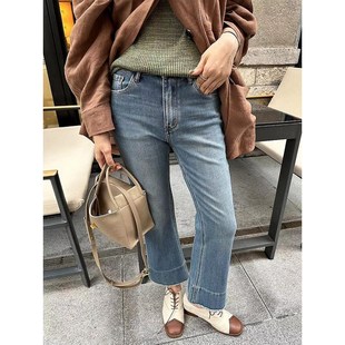 新款 子高腰显瘦毛边直筒裤 蓝色牛仔裤 胖mm梨形身材裤 女大码 秋季