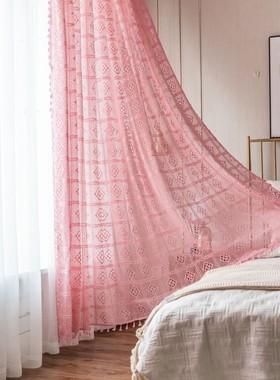 粉色公主帘e绿色透光复古镂空窗帘钩针花美式摄影装饰落地窗飘窗