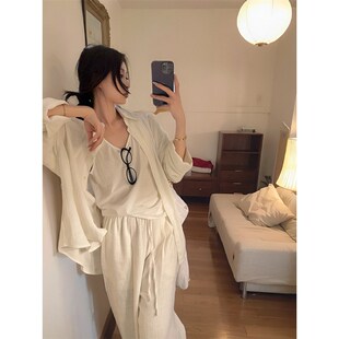 老钱风松弛感穿搭3n件套白色棉麻衬衫上衣一身白亚麻休闲裤套装