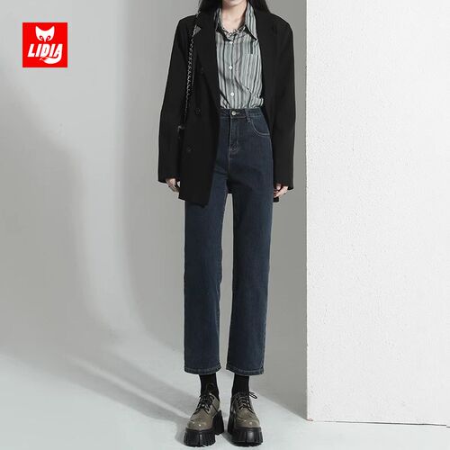 蓝灰加绒烟管牛仔裤女2024新款窄版法棍裤高腰显瘦9分直筒裤冬季