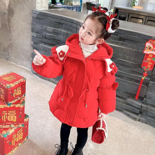 女童红色拜年棉服2024新款洋气儿童棉袄女宝宝棉衣冬装外套中长款