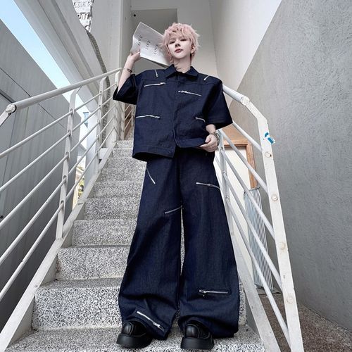 2025夏装复古美式高街翻领拉链装饰短袖夹克套装男阔腿裤长裤潮牌