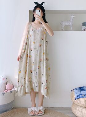加大码薄款无袖h吊带绵绸睡裙夏季薄款可爱韩版宽松加肥胖mm睡衣