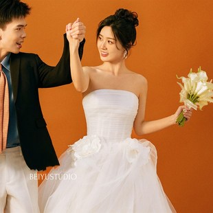 法式 轻婚纱抹胸显瘦公主蓬蓬裙花朵旅拍新娘结婚出门纱齐地森系仙