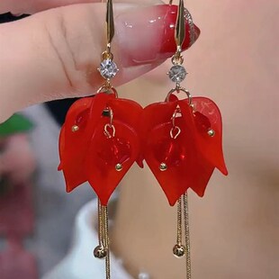 2024年新款 流苏水晶耳环 潮气质超仙高级感耳钩耳饰女红色花瓣长款