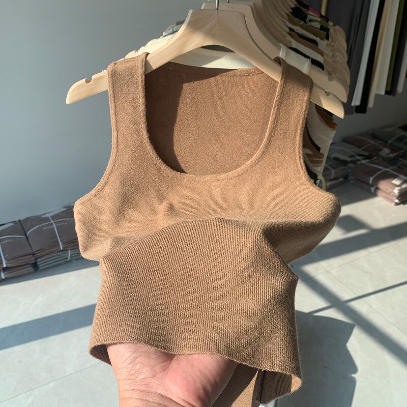 U领纯色短款针织马甲女春夏季韩版软糯叠穿无袖毛衣X背心坎肩上衣