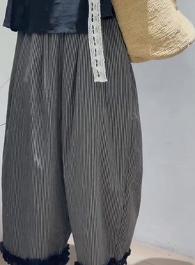 欧洲真正的灰色蕾丝边条纹直筒裤为妇女2025年夏季新宽松大尺寸宽