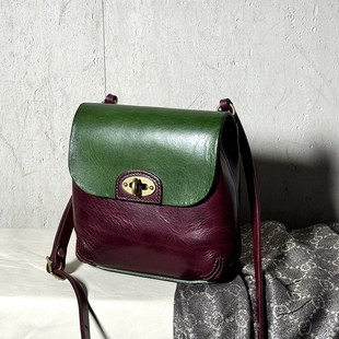 中古风植鞣牛皮手工包潮款 小方包撞色头层真牛皮小包单肩斜挎女包