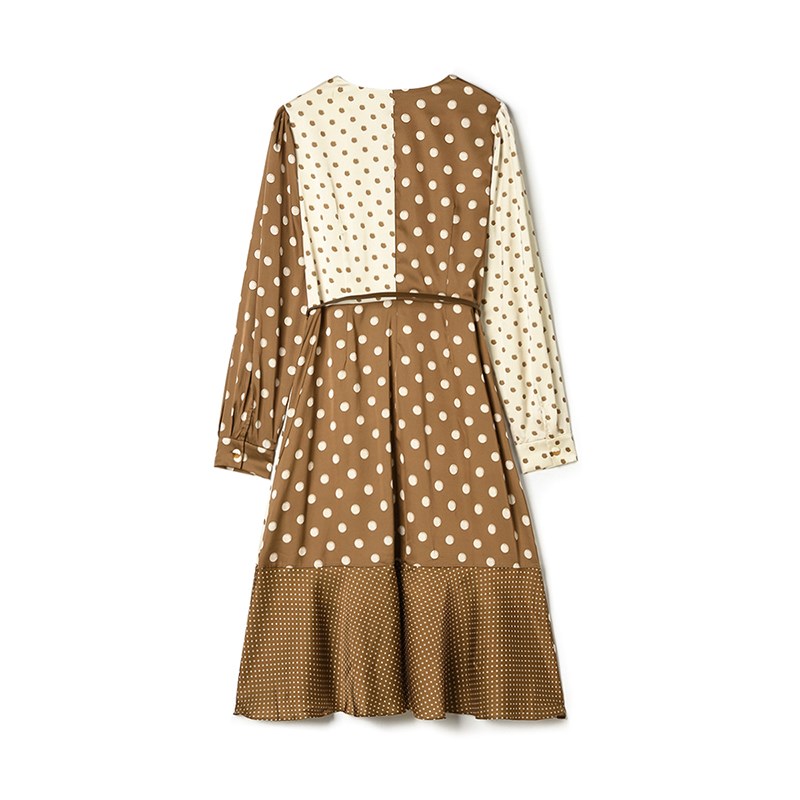 IA0A0003撞色拼接波x点裙子高腰长袖连衣裙女1016秋