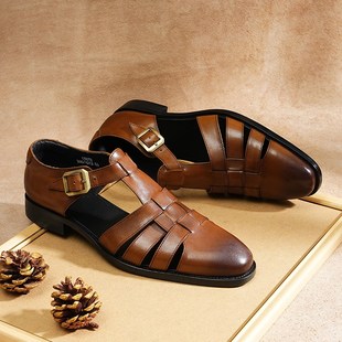 男头层牛皮真皮牛皮开车复古包头男凉鞋 透气复古皮凉鞋 夏季 凉皮鞋