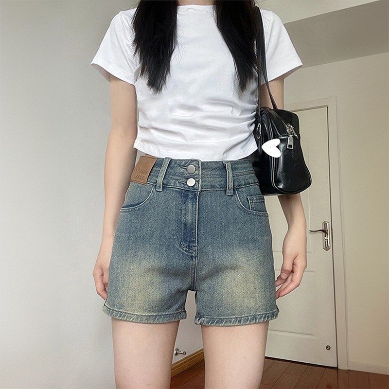大码胖mm美式学院风牛仔短裤女2025初夏穿搭女裤高腰弹力a字热裤