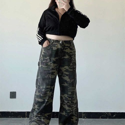 300斤大码女装胖mm美式迷彩工装牛仔裤女复古高腰显瘦阔腿裤子潮