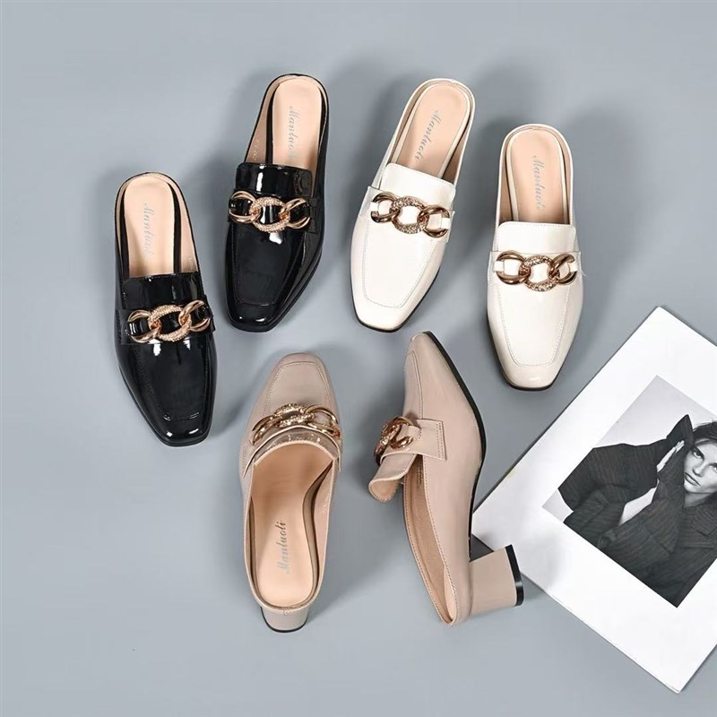 2025年夏季新款粗跟真皮单鞋凉A拖高跟包头牛皮半拖鞋女夏时尚外