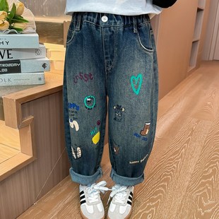 休闲洋气老爹裤 女童牛仔裤 宽松宝宝秋季 儿童萝卜裤 子 春秋2024新款