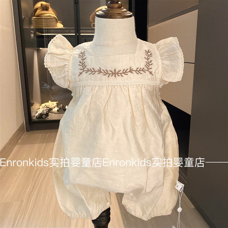 婴儿夏季短袖连体衣女宝宝小飞袖珠光爬服刺绣贵气新生儿背心哈衣
