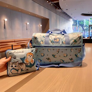 日系卡通沙鱼猫印花可爱旅行袋折叠收纳大容量短途衣物整理行李袋